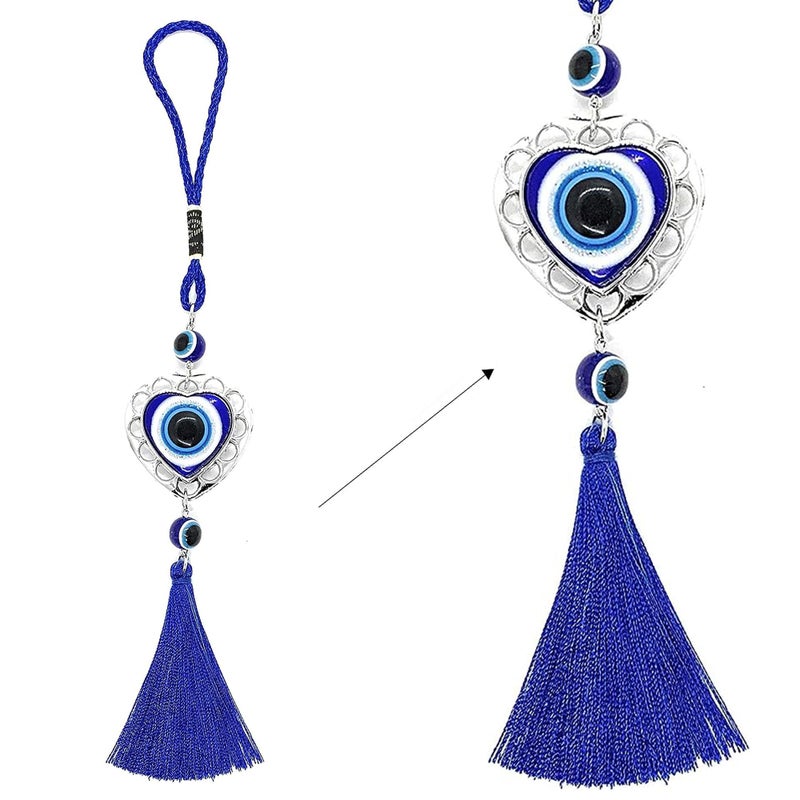 LUCKBOOSTIUM Evil Eye Hanging Ornament in Heart Shape Metal w/Blue Tassel Sign of Protection Blessing Strength & Power Home/Office Decorative Car Rear View Mirror Accessories Ornaments - Image 1